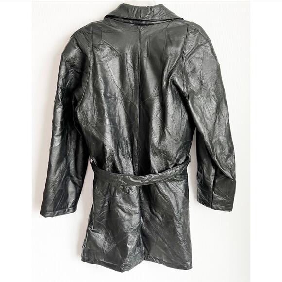 Vintage 80s 90s Italian Stone Design Genuine Leather Patchwork Trench Coat - Picture 11 of 16